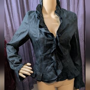 Black Ruffled Linen Button Up Blouse Size Small